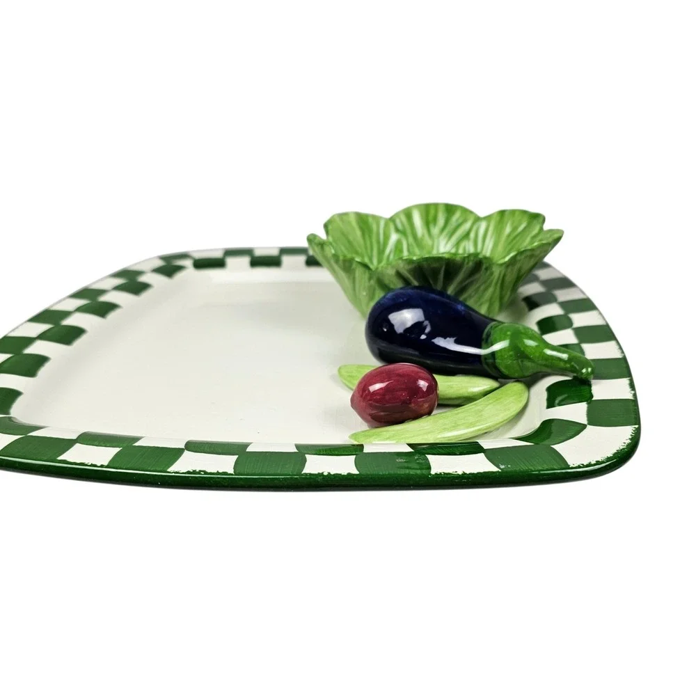 Cali Chip and & Platter Green Checkered Vegetable Cabbage Eggplant Serving‎ Tray